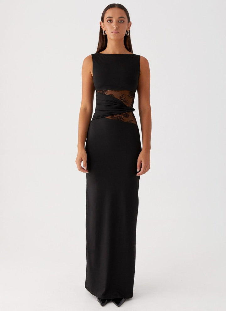 Women's Lace-Panel Sleeveless Fall Wedding Guest Dress Maxi Gown