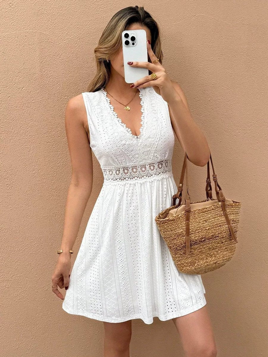 Women's Lace Patchwork V-Neck Fall Wedding Guest Dress Mini