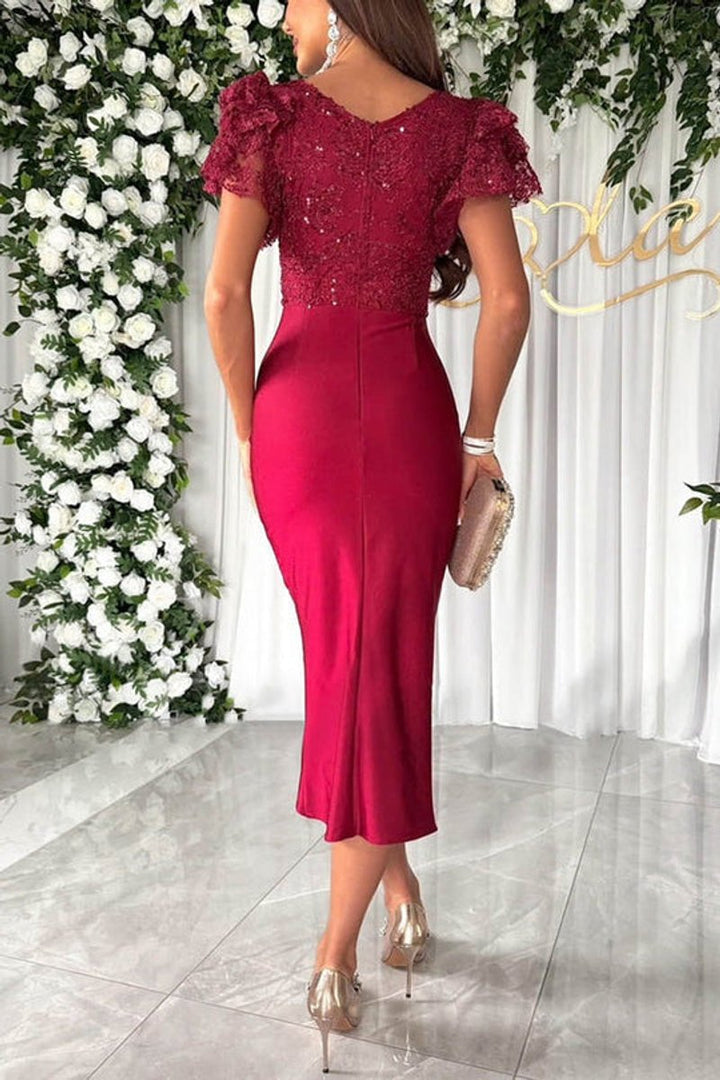 Women's Lace Satin V-Neck Ruffle Sleeve Fall Midi Dress