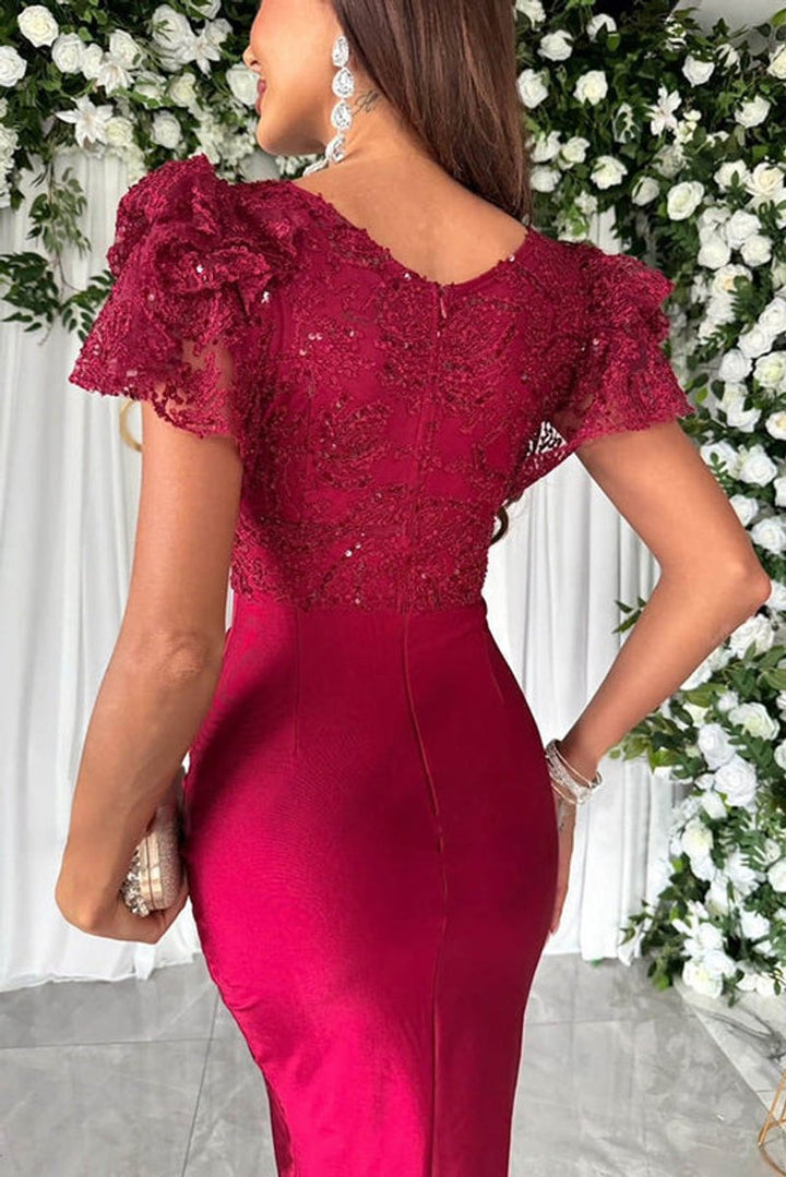 Women's Lace Satin V-Neck Ruffle Sleeve Fall Midi Dress