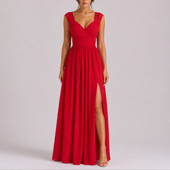 Women's Lace-Shoulder Wrap-Bodice Side-Slit Fall Wedding Guest Dress