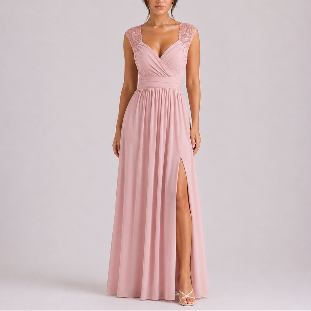 Women's Lace-Shoulder Wrap-Bodice Side-Slit Fall Wedding Guest Dress
