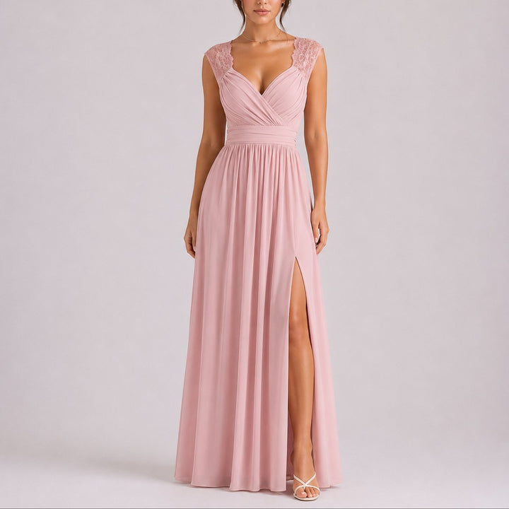 Women's Lace-Shoulder Wrap-Bodice Side-Slit Fall Wedding Guest Dress