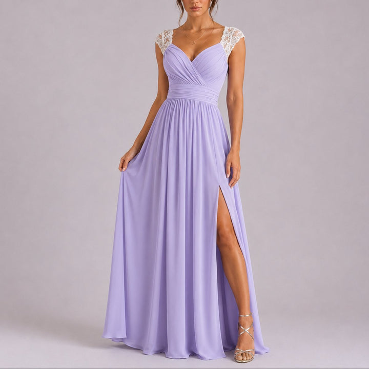 Women's Lace-Shoulder Wrap-Bodice Side-Slit Fall Wedding Guest Dress