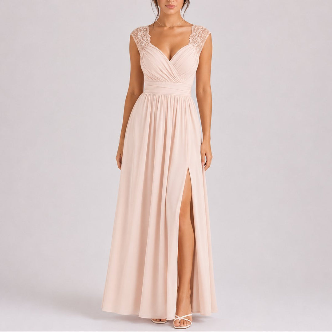 Women's Lace-Shoulder Wrap-Bodice Side-Slit Fall Wedding Guest Dress