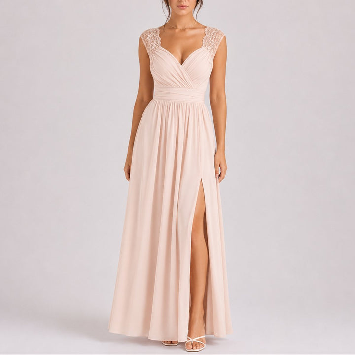 Women's Lace-Shoulder Wrap-Bodice Side-Slit Fall Wedding Guest Dress