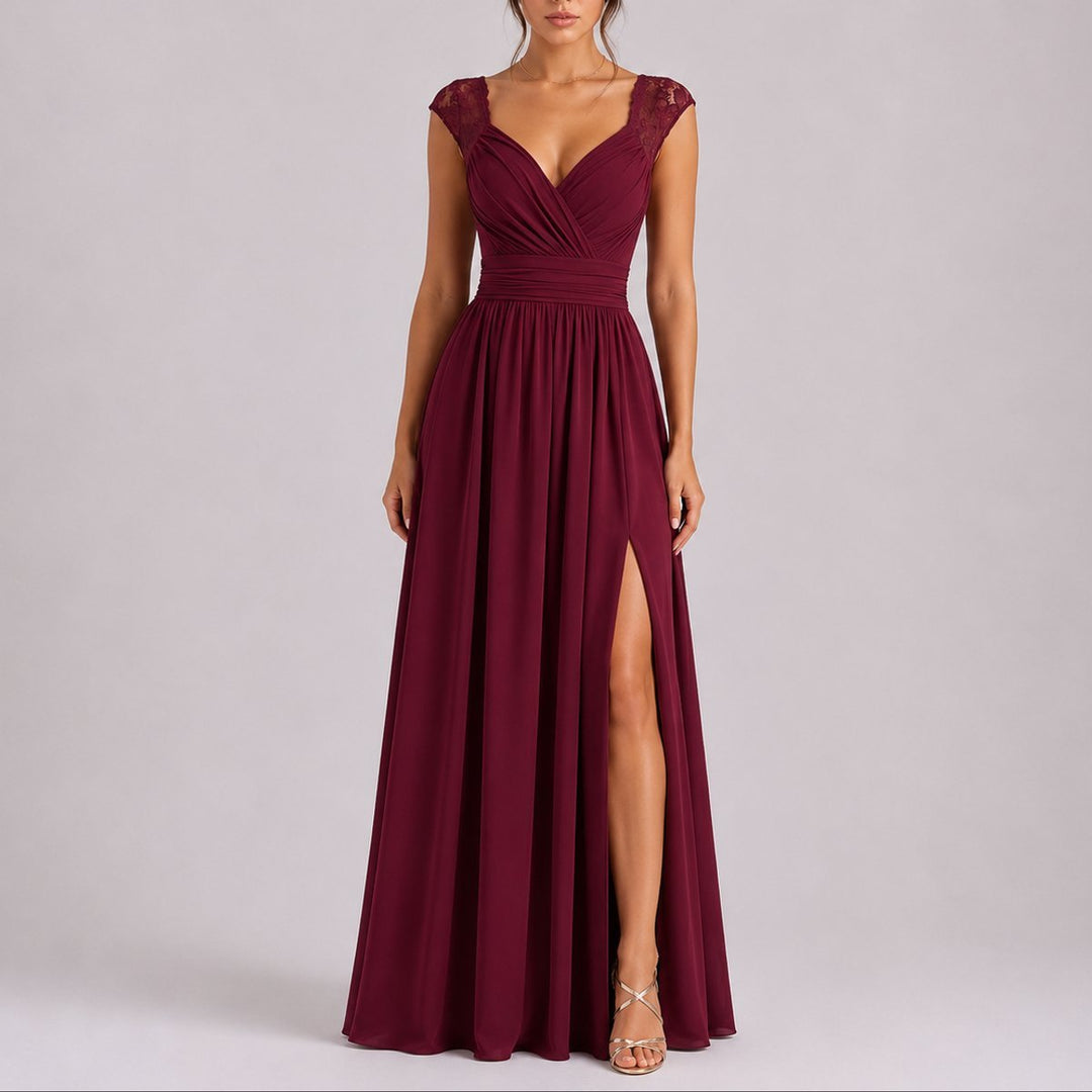 Women's Lace-Shoulder Wrap-Bodice Side-Slit Fall Wedding Guest Dress