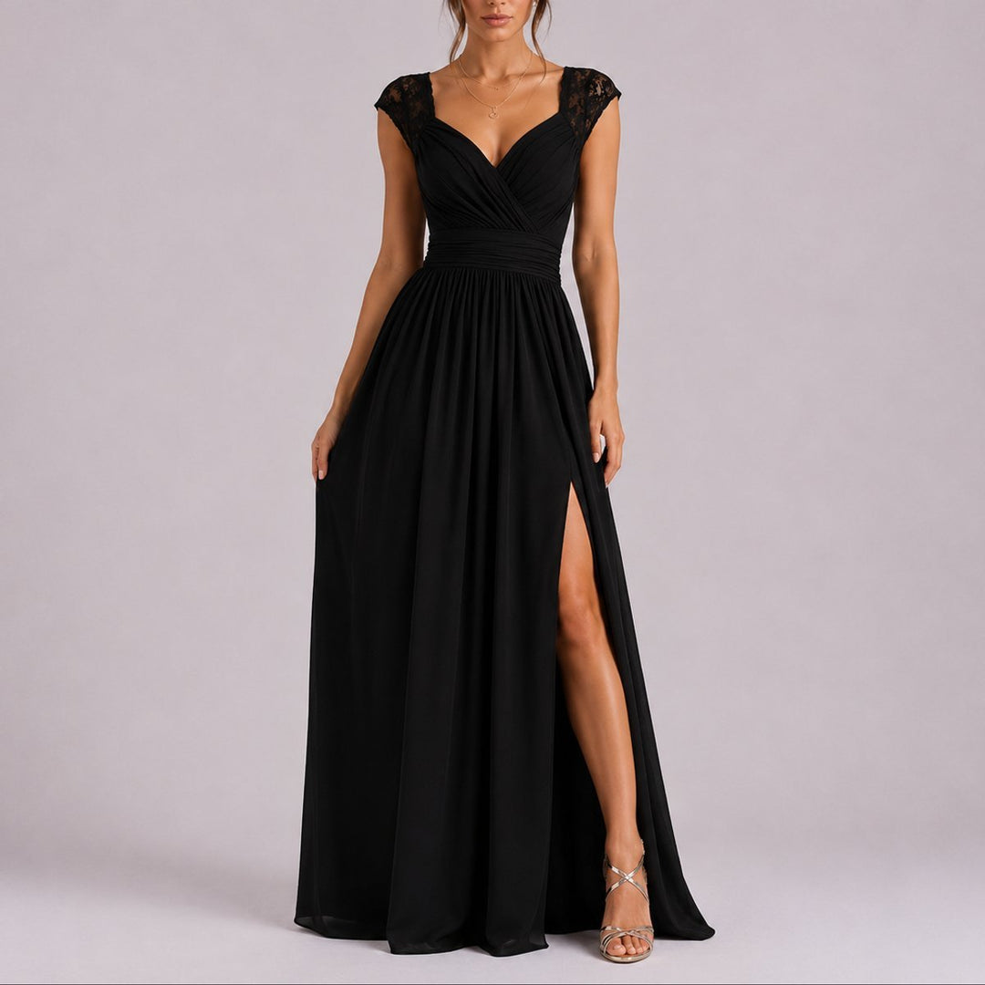 Women's Lace-Shoulder Wrap-Bodice Side-Slit Fall Wedding Guest Dress
