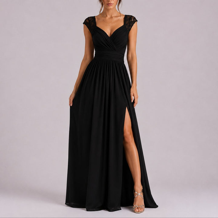 Women's Lace-Shoulder Wrap-Bodice Side-Slit Fall Wedding Guest Dress