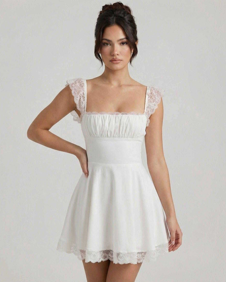 Women's Lace-Trim A-Line Fall Wedding Guest Dress Square Neck Mini