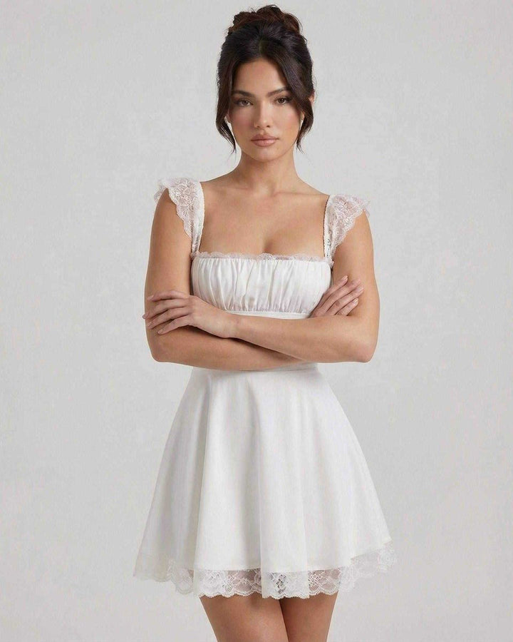 Women's Lace-Trim A-Line Fall Wedding Guest Dress Square Neck Mini