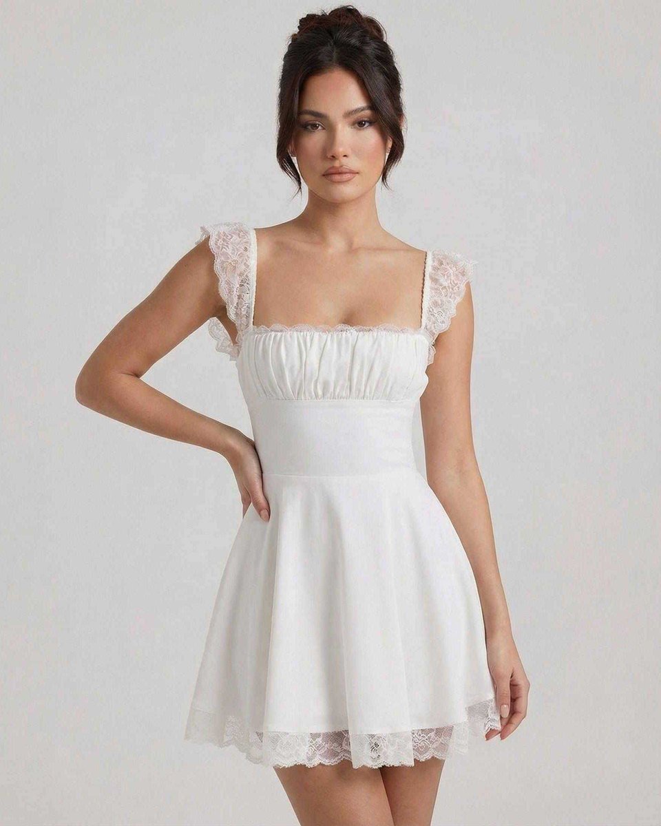 Women's Lace-Trim A-Line Fall Wedding Guest Dress Square Neck Mini