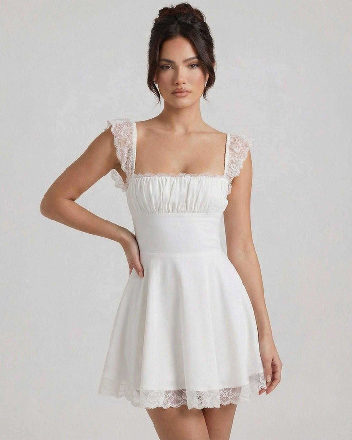 Women's Lace-Trim A-Line Fall Wedding Guest Dress Square Neck Mini