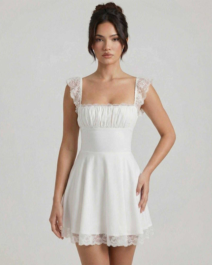 Women's Lace-Trim A-Line Fall Wedding Guest Dress Square Neck Mini