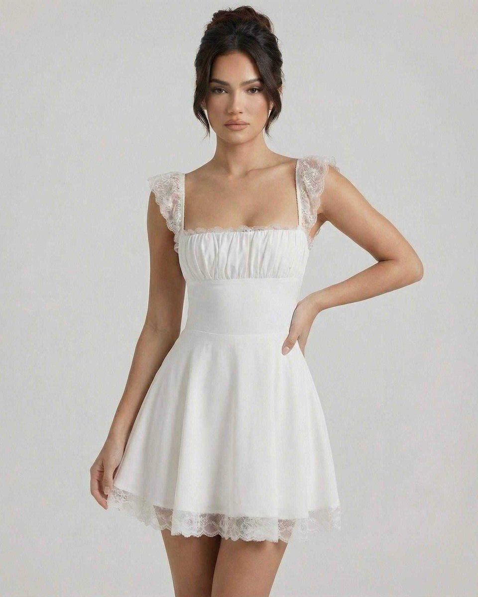 Women's Lace-Trim A-Line Fall Wedding Guest Dress Square Neck Mini