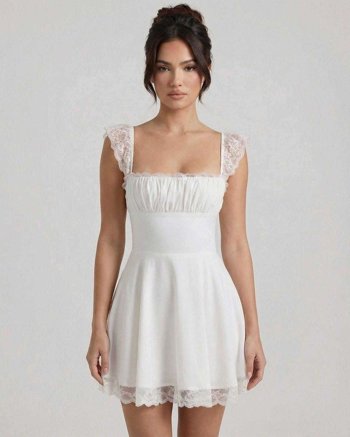 Women's Lace-Trim A-Line Fall Wedding Guest Dress Square Neck Mini