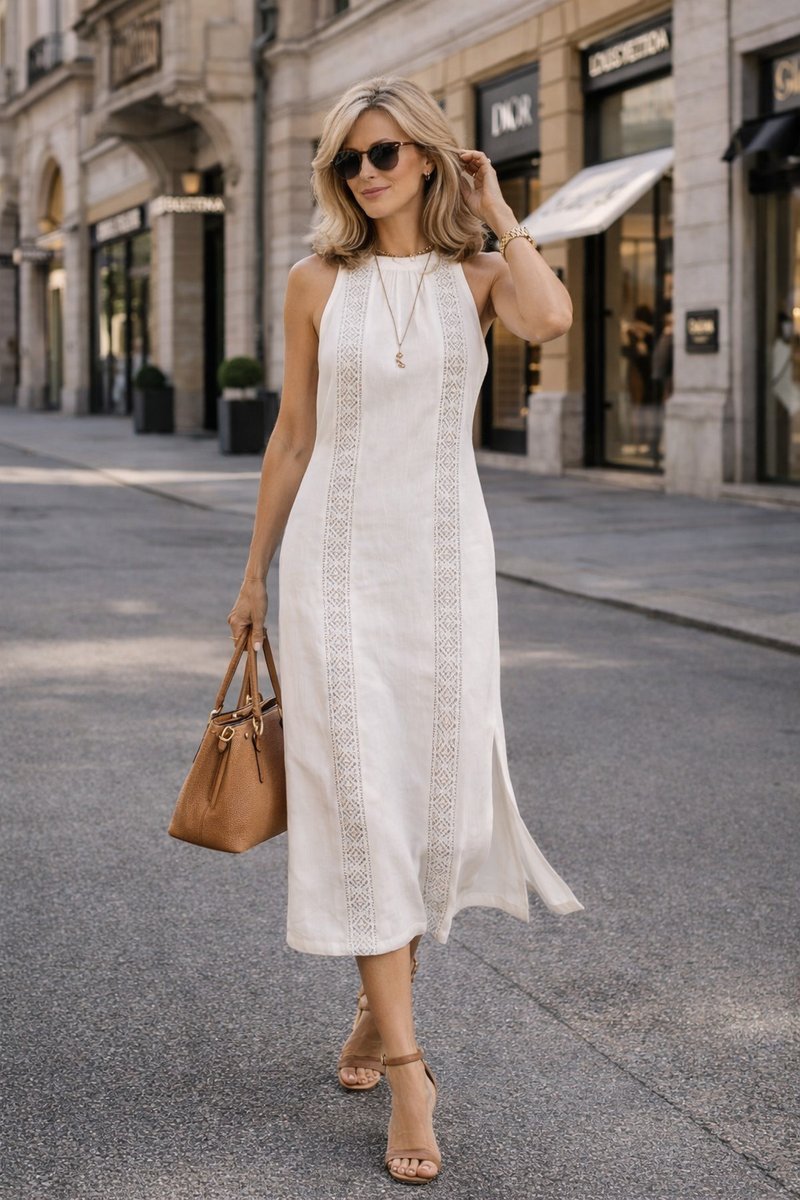 Women's Lace-Trim Halter-Neck Fall Wedding Guest Dress Midi