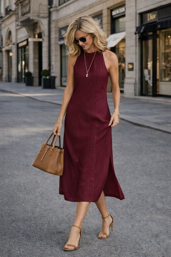 Women's Lace-Trim Halter-Neck Fall Wedding Guest Dress Midi