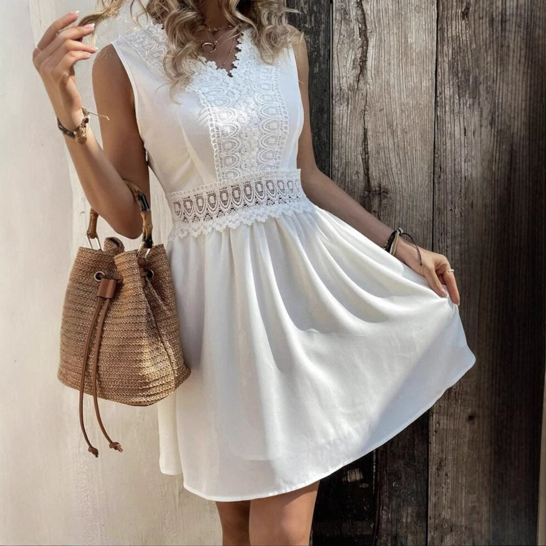 Women's Lace Trim Sleeveless A-Line Fall Midi Dress V-Neck