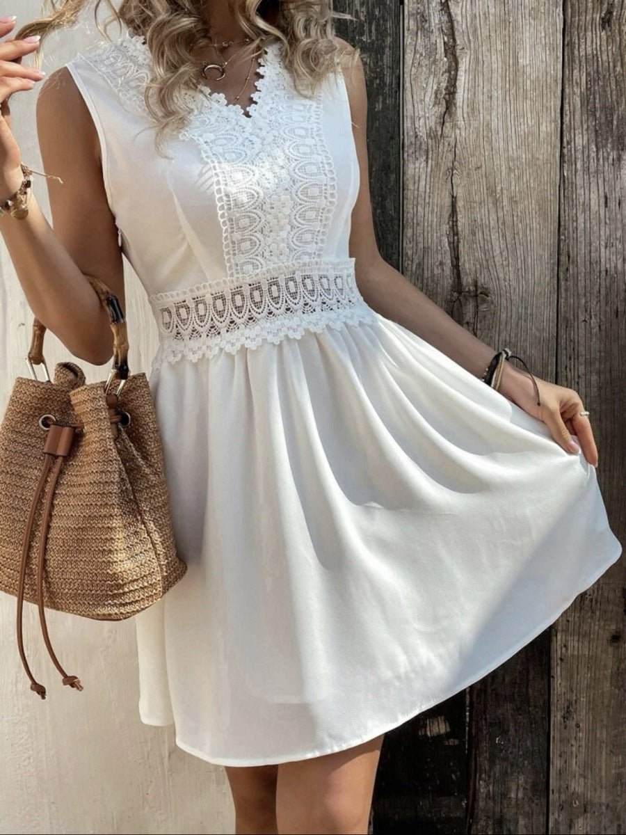 Women's Lace Trim Sleeveless A-Line Fall Midi Dress V-Neck