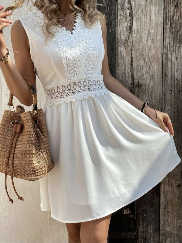 Women's Lace Trim Sleeveless A-Line Fall Midi Dress V-Neck