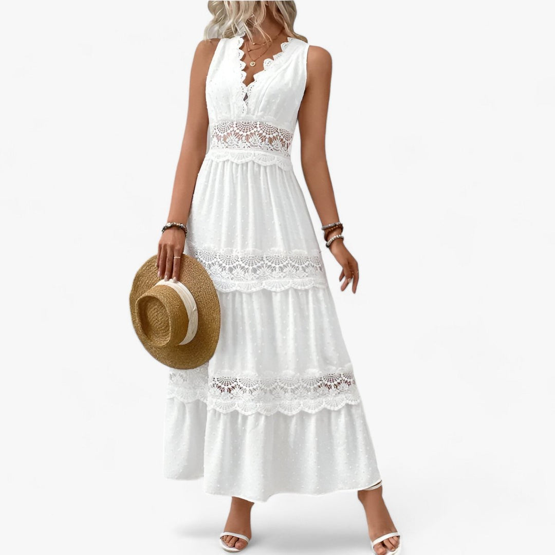 Women's Lace-Trim Tiered V-Neck Fall Midi Dress