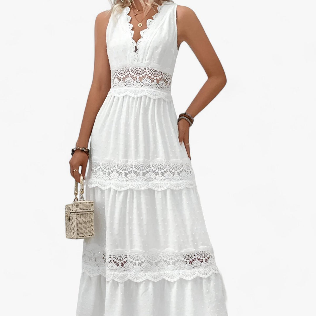 Women's Lace-Trim Tiered V-Neck Fall Midi Dress