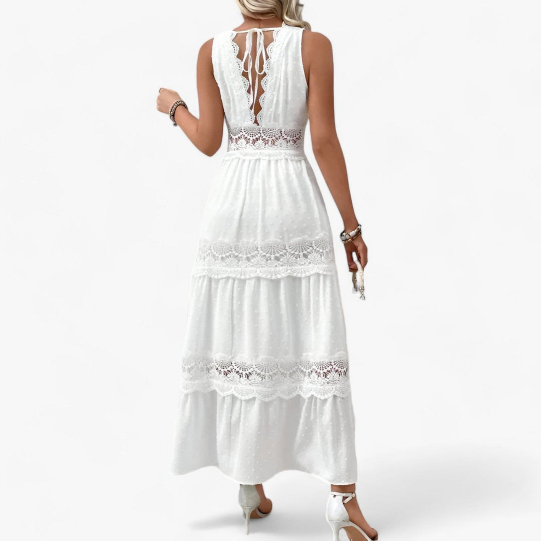 Women's Lace-Trim Tiered V-Neck Fall Midi Dress