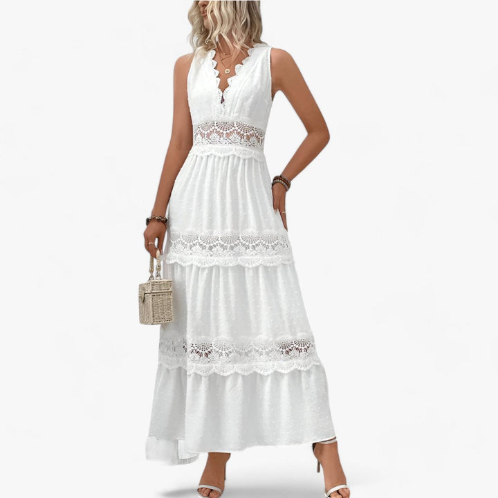 Women's Lace-Trim Tiered V-Neck Fall Midi Dress