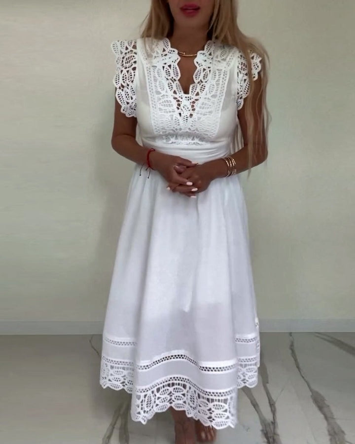 Women's Lace-Trim V-Neck A-Line Fall Midi Dress