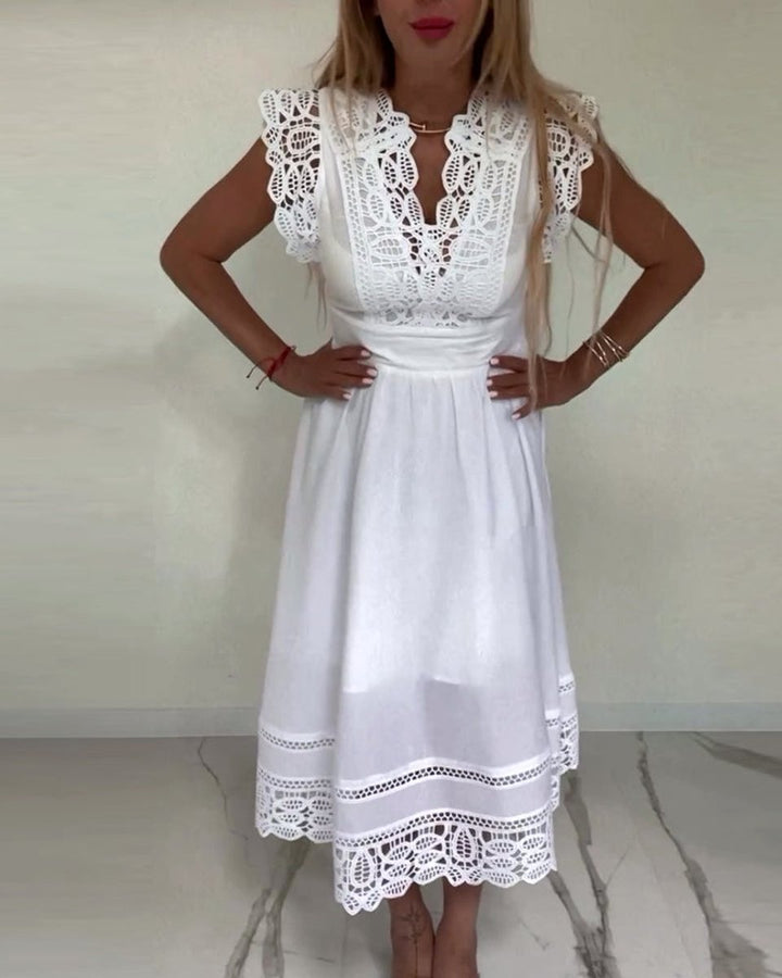 Women's Lace-Trim V-Neck A-Line Fall Midi Dress