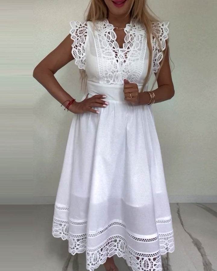 Women's Lace-Trim V-Neck A-Line Fall Midi Dress