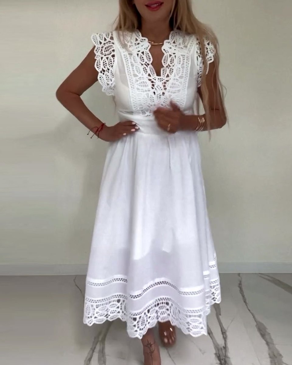 Women's Lace-Trim V-Neck A-Line Fall Midi Dress