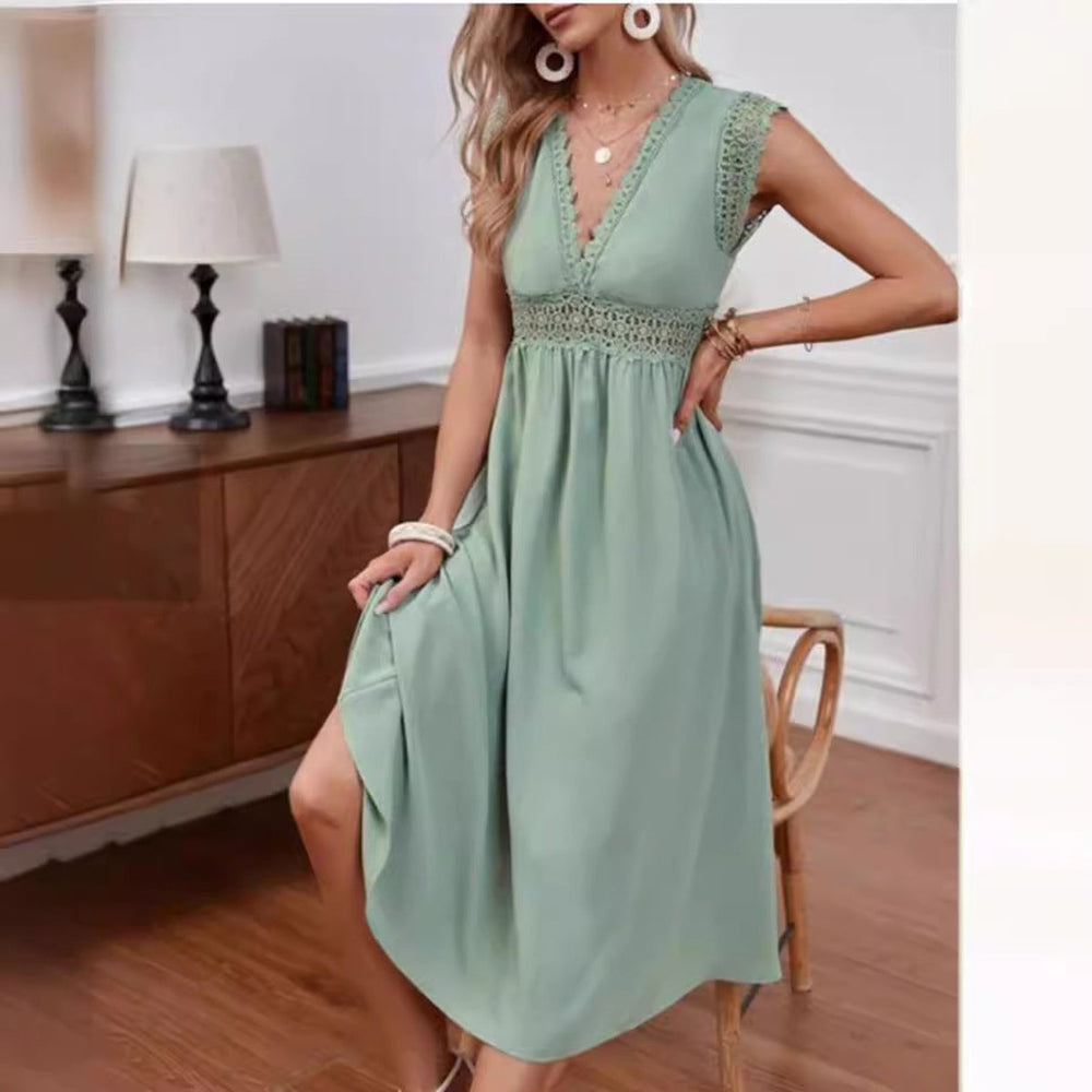 Women's Lace-Trim V-Neck Fall Midi Dress Empire Waist