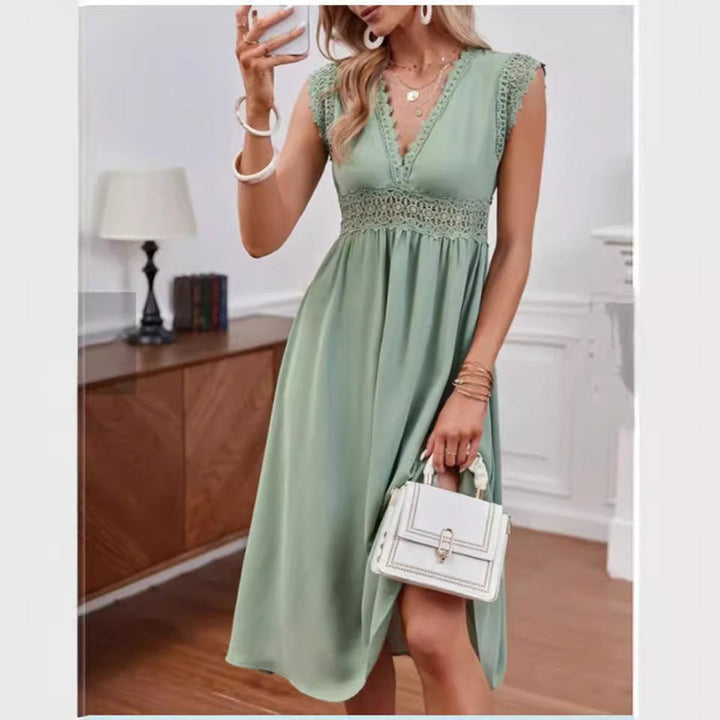 Women's Lace-Trim V-Neck Fall Midi Dress Empire Waist