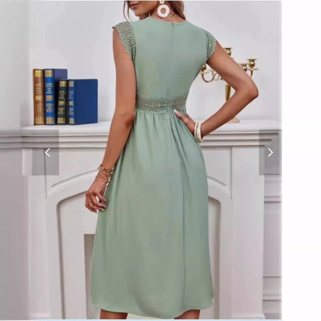 Women's Lace-Trim V-Neck Fall Midi Dress Empire Waist