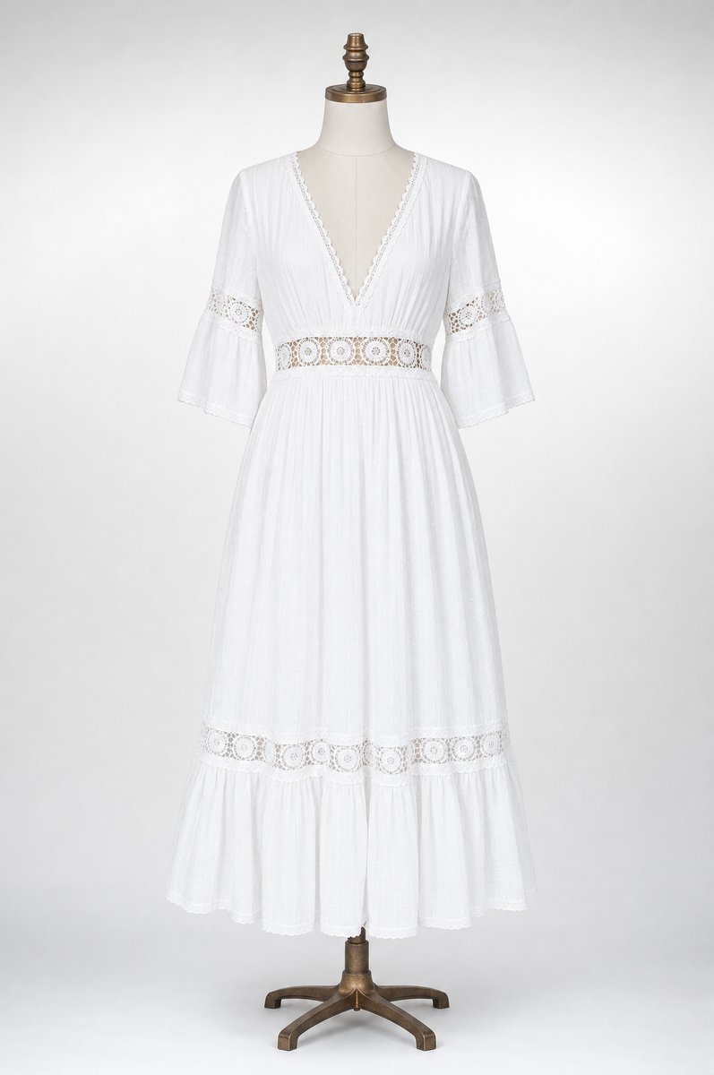 Women's Lace Trim V-Neck Midi Formal Dress Tiered Boho