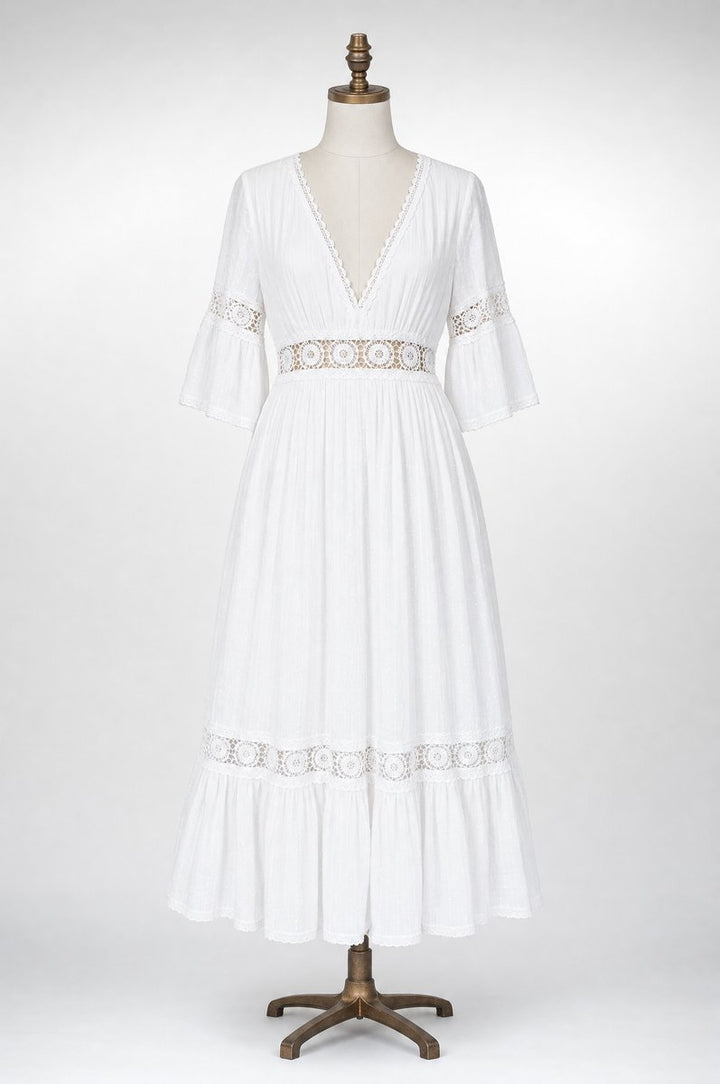 Women's Lace Trim V-Neck Midi Formal Dress Tiered Boho