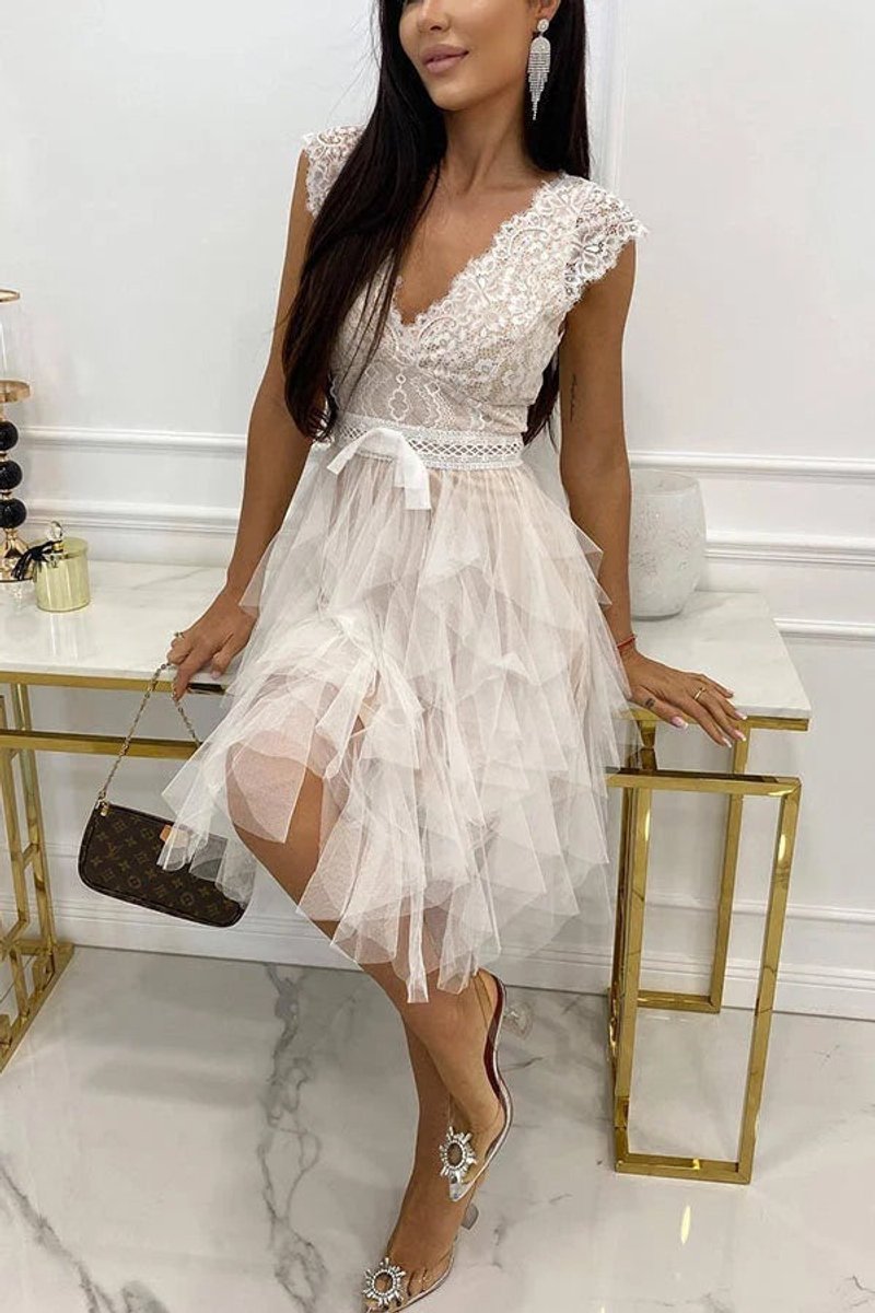 Women's Lace Tulle V-Neck Fall Midi Dress Sleeveless Tiered