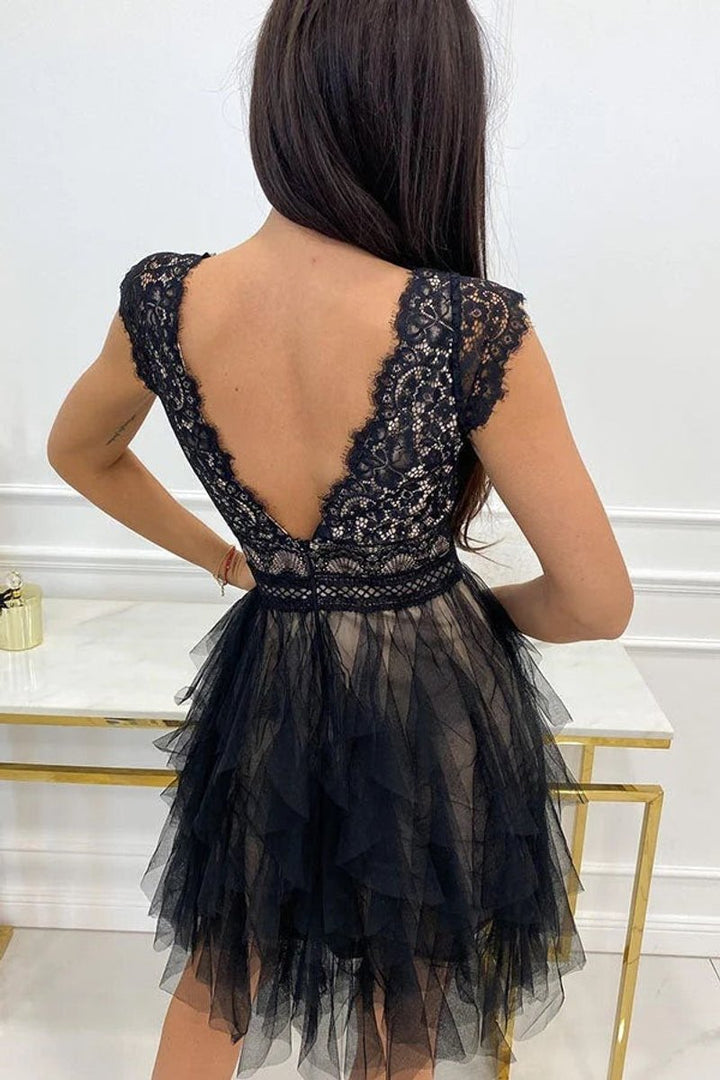 Women's Lace Tulle V-Neck Fall Midi Dress Sleeveless Tiered