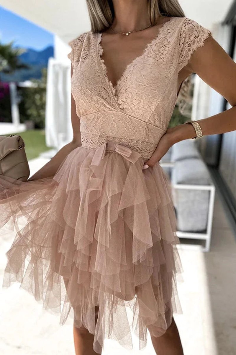 Women's Lace Tulle V-Neck Fall Midi Dress Sleeveless Tiered