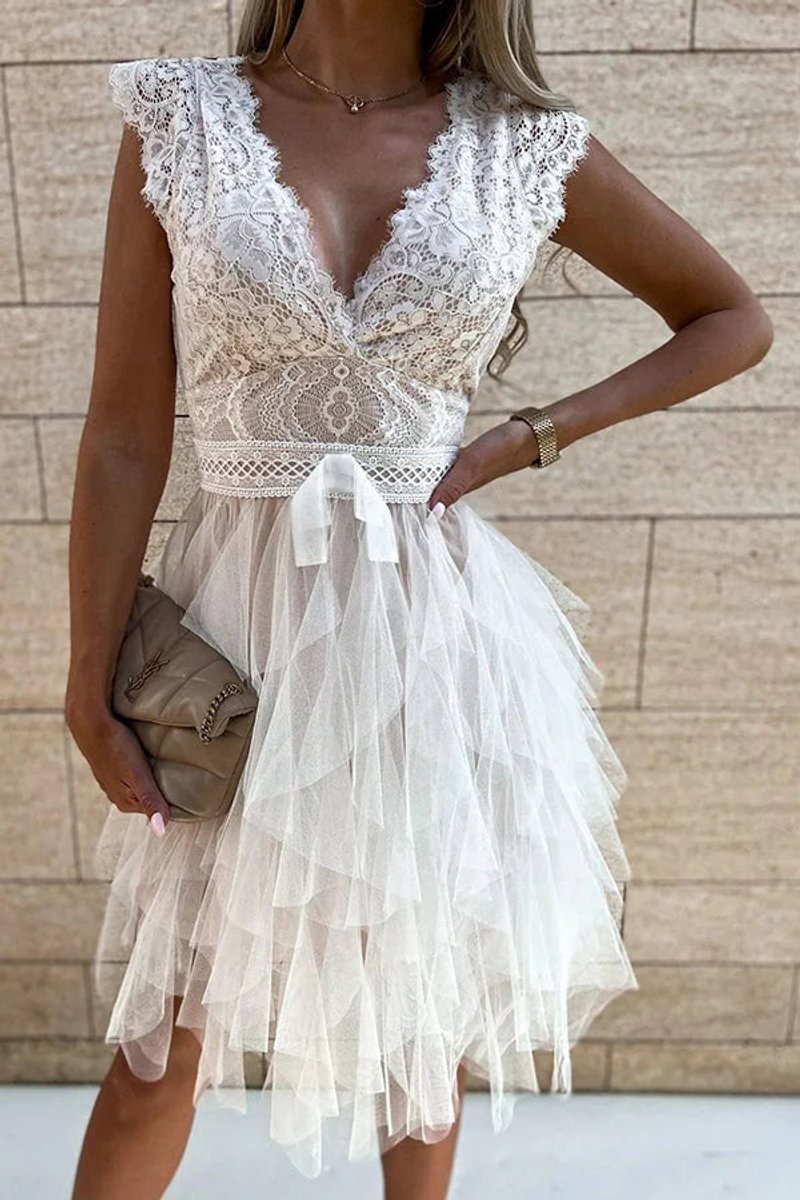 Women's Lace Tulle V-Neck Fall Midi Dress Sleeveless Tiered