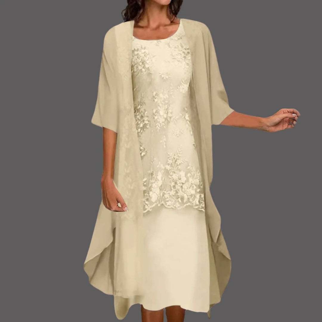 Women's Lace Two-Piece Chiffon Fall Midi Dress Cardigan Set