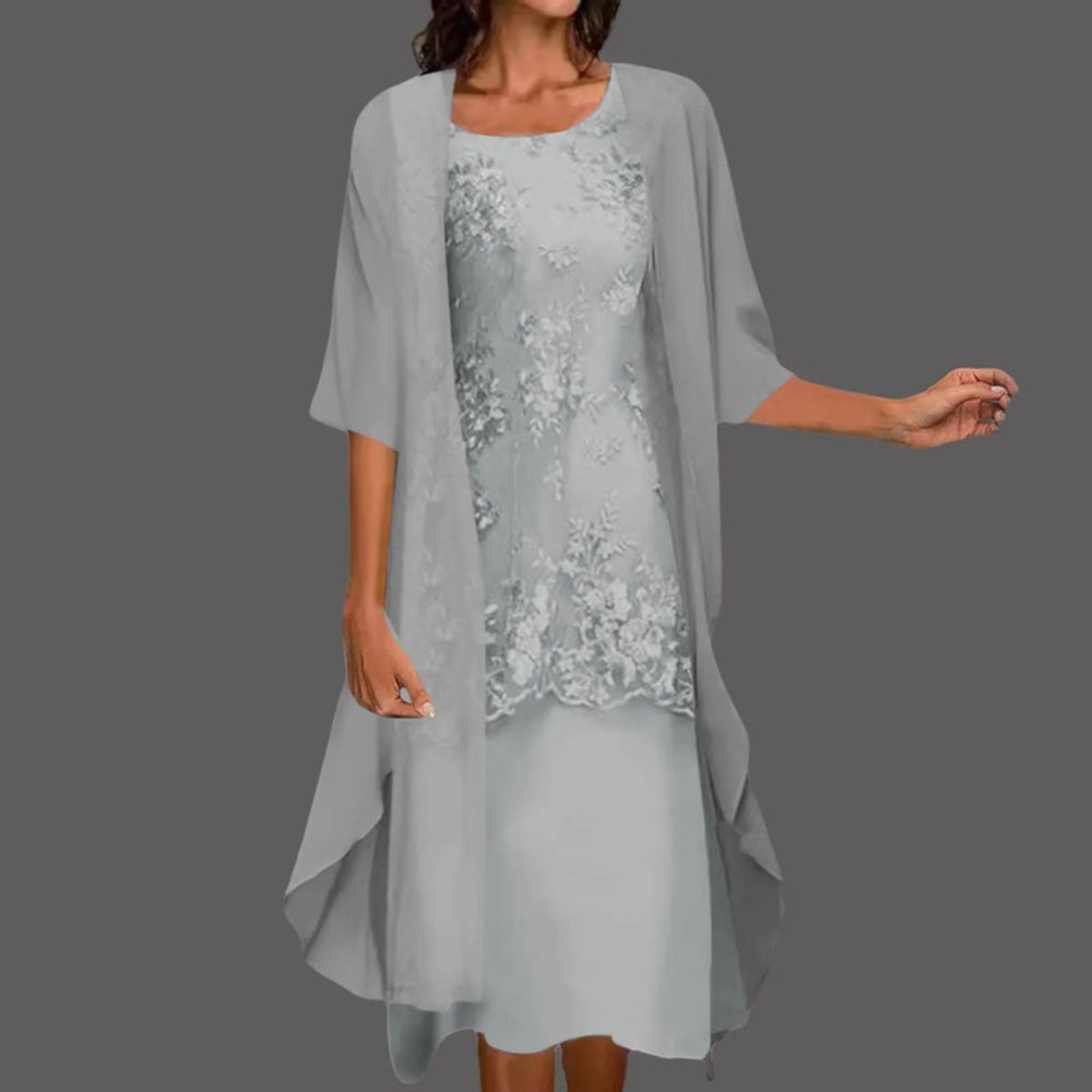 Women's Lace Two-Piece Chiffon Fall Midi Dress Cardigan Set