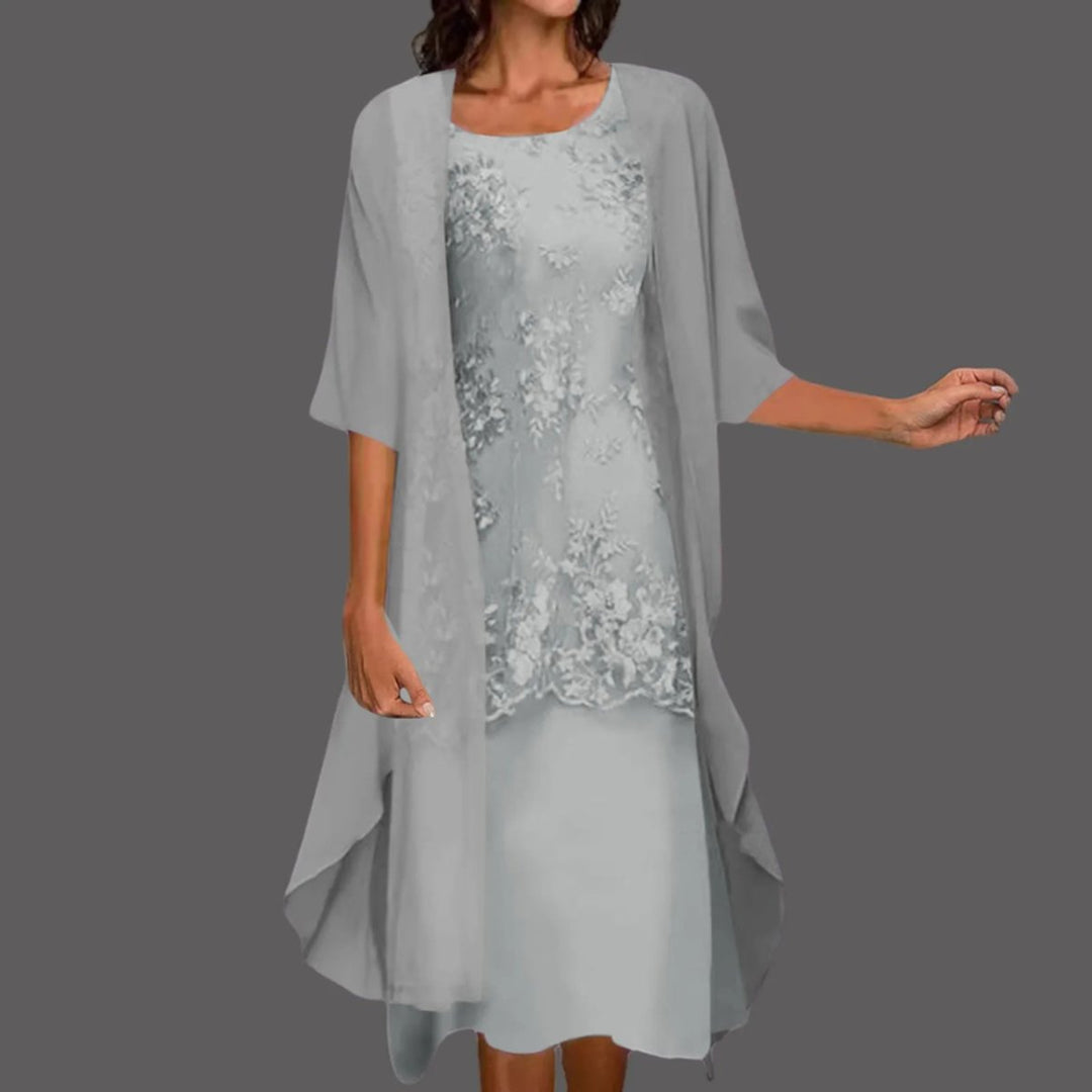 Women's Lace Two-Piece Chiffon Fall Midi Dress Cardigan Set