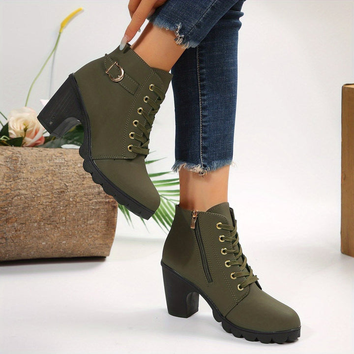 Women's Lace-Up Block-Heel Buckle Strap Platform Ankle Boots