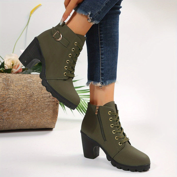 Women's Lace-Up Block-Heel Buckle Strap Platform Ankle Boots