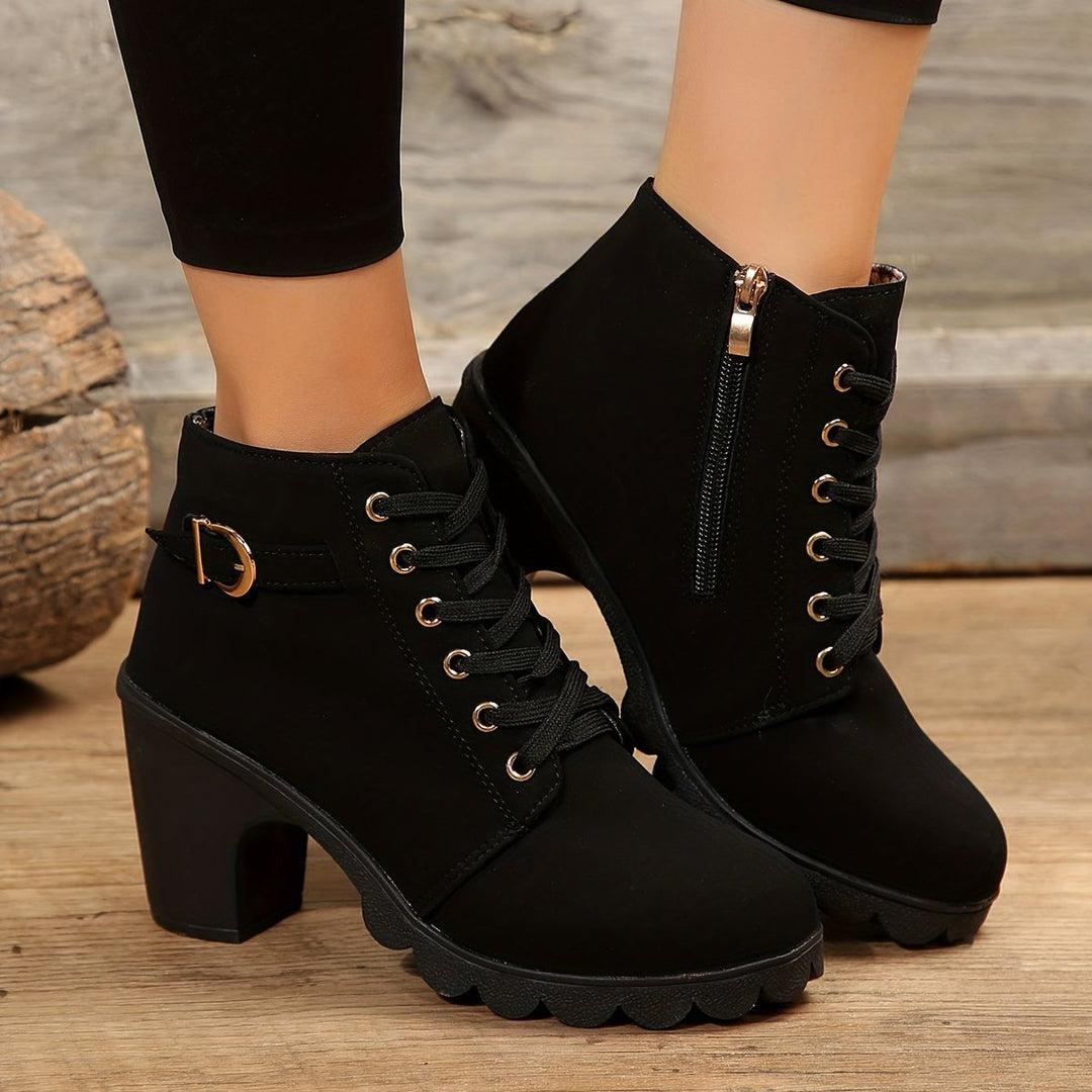 Women's Lace-Up Block-Heel Buckle Strap Platform Ankle Boots