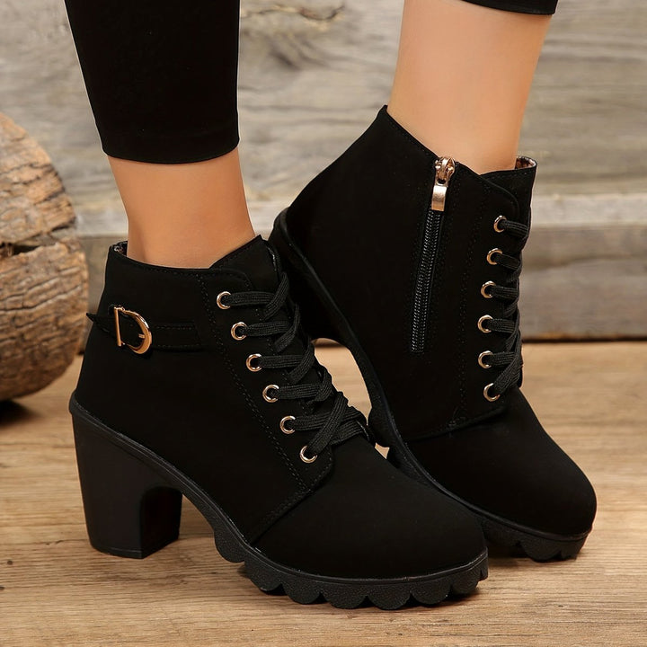 Women's Lace-Up Block-Heel Buckle Strap Platform Ankle Boots