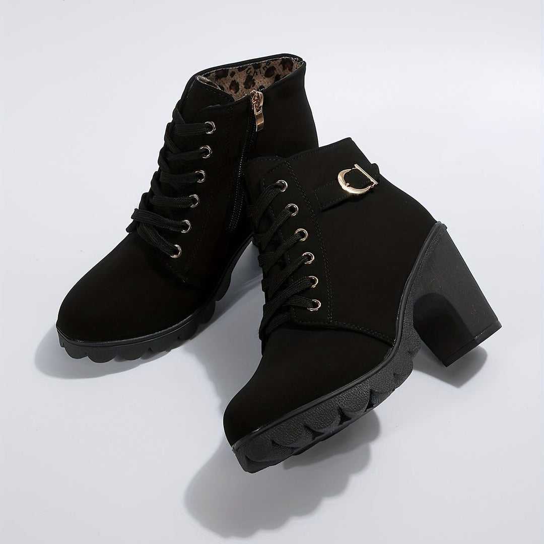 Women's Lace-Up Block-Heel Buckle Strap Platform Ankle Boots